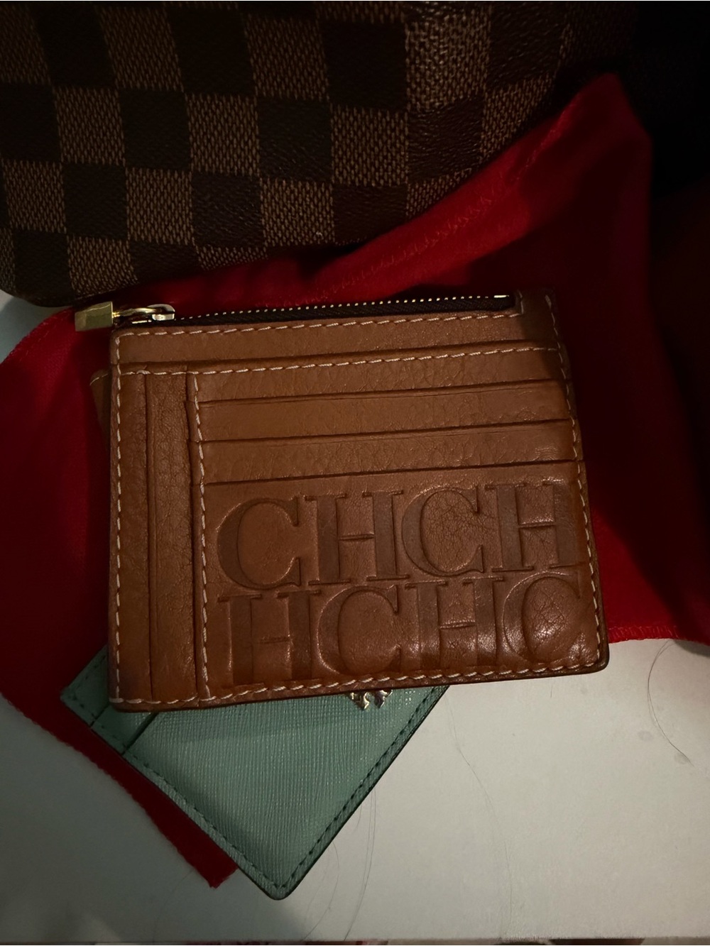 Carolina Herrera Tan Leather Card Holder with Embossed CH